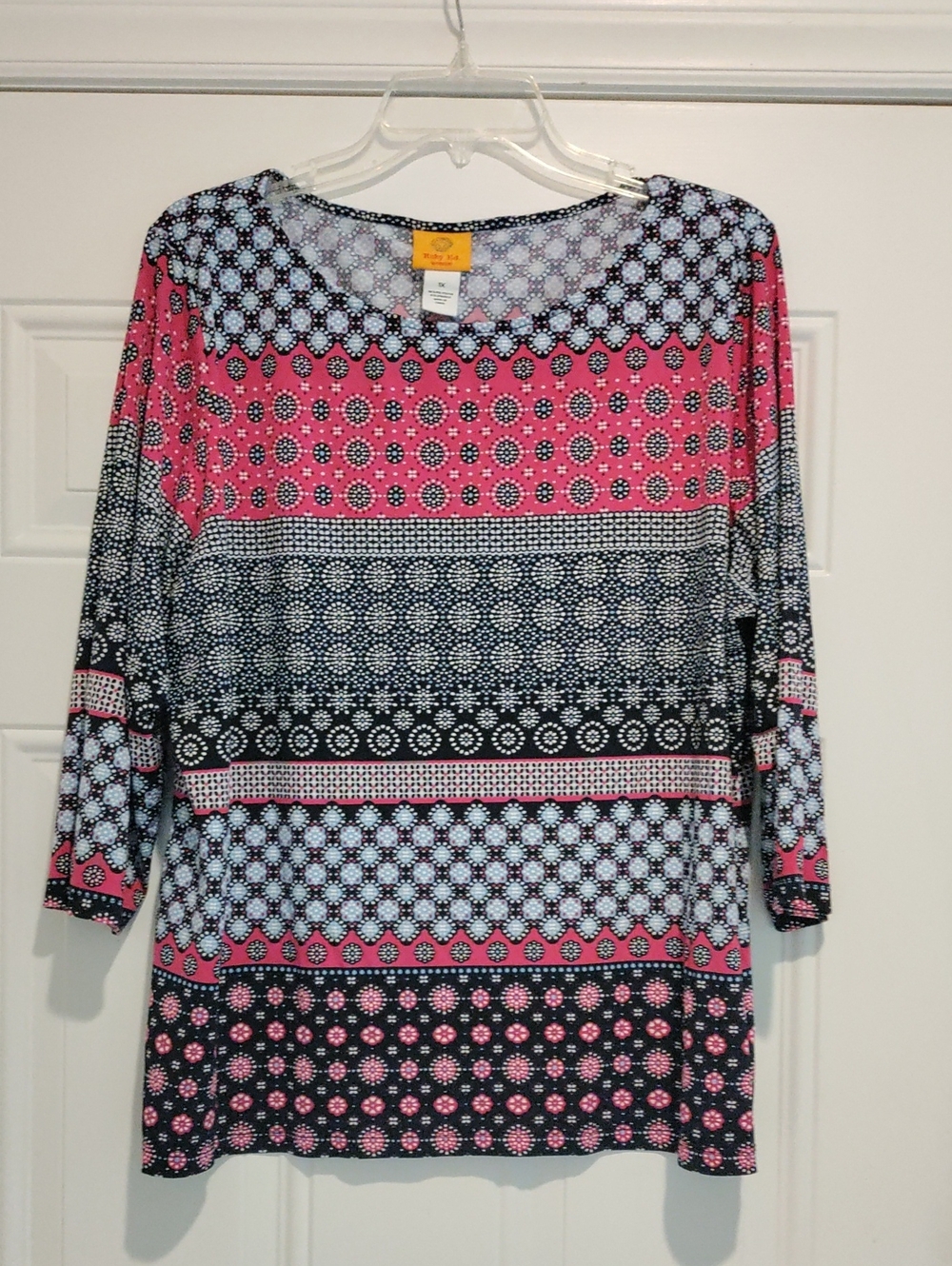 Ruby Rd. Pink, Black & Light Blue Geometric Print Long Sleeve Scoop Neck Top